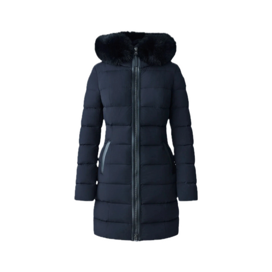 MACKAGE CALLA-BX AGILE-360 STRETCH LIGHT DOWN COAT WITH BLUE FOX FUR COLLAR WOMEN