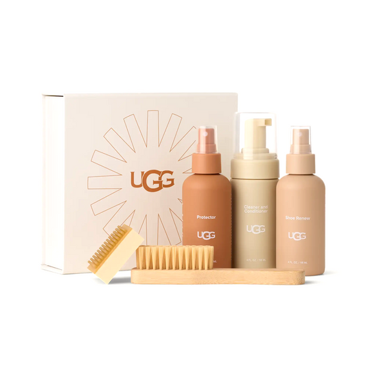 UGG shoe care product set with bottles, brushes, and packaging on a white background